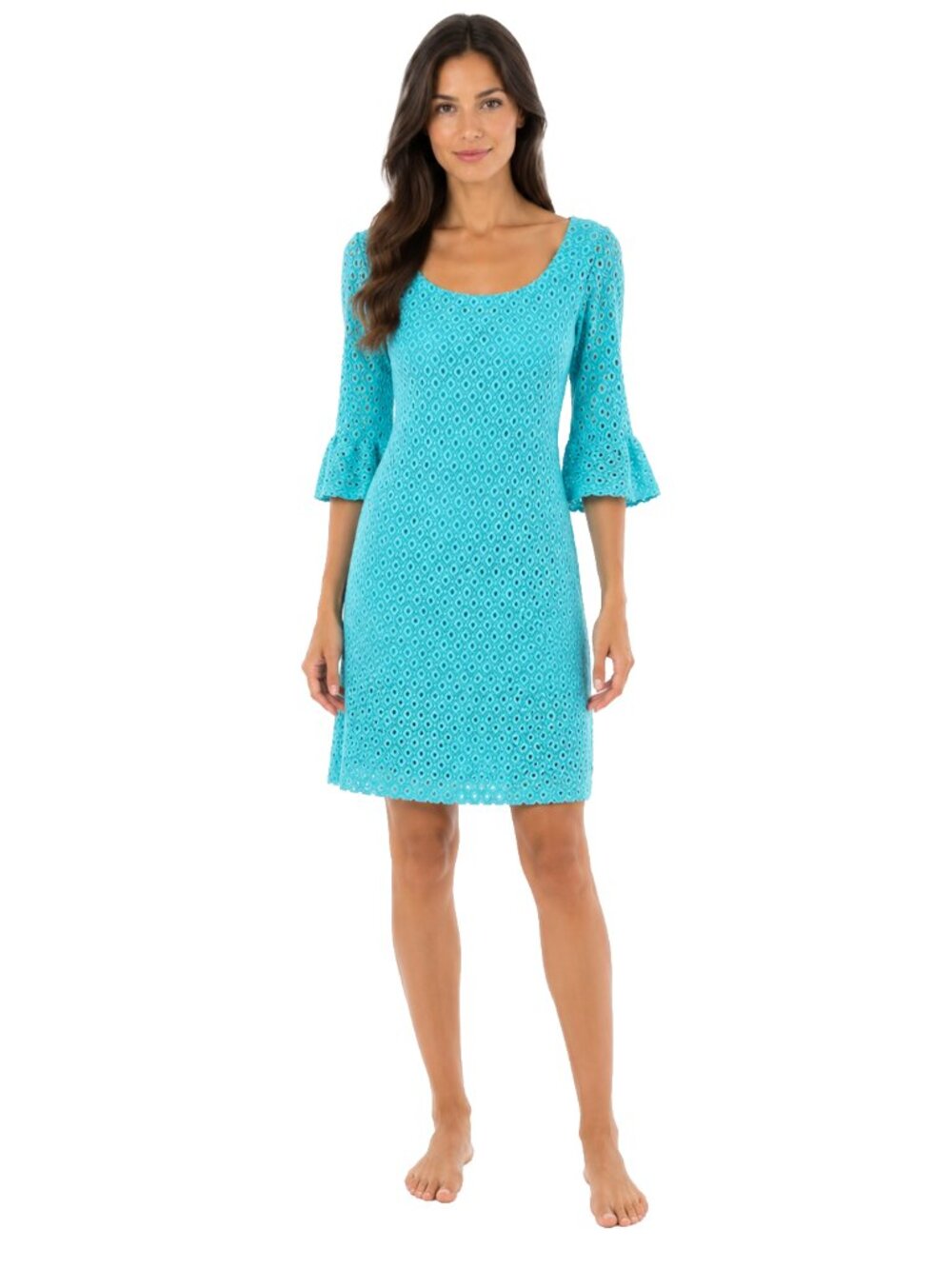 Rabbit Rabbit Designs Aqua Eyelet Lace Sheath Dress Bell Sleeve Size S